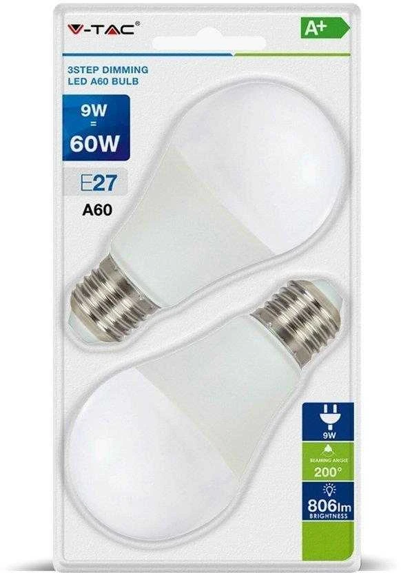 9Wx2vnt/pakuotėje LED lemputės V-TAC, A60, E27, dimeriuojamos per 3 žingsnius, (4000K) natūraliai balta