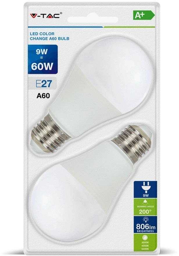 9Wx2vnt/pakuotėje LED lemputės V-TAC, A60, E27, keičiančios spalvas 3 in 1, (4000K) natūraliai balta