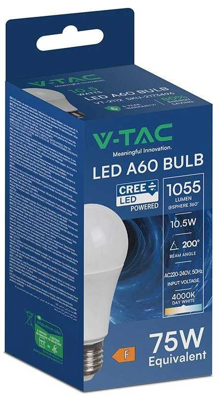 10,5W LED lemputė, E27, A60, 4000K, 200°, CREE LED chip