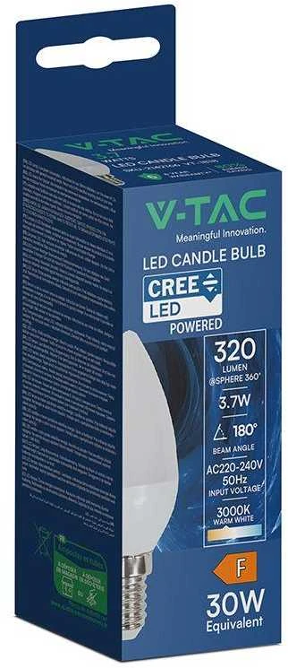 V-tac 3,7W LED lemputė, E14, žvakės formos, 3000K, 180°, CREE LED chip