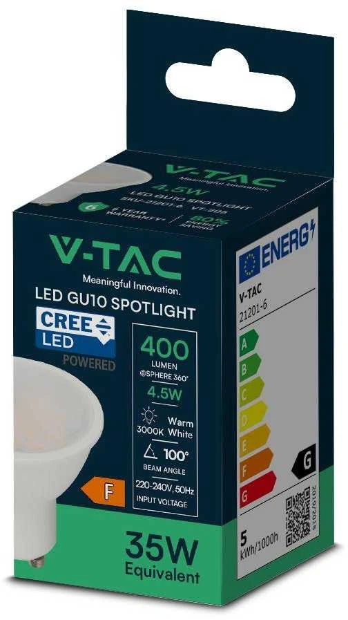 V-tac 4,5W LED lemputė, GU10, 100°, 3000K, CREE LED chip