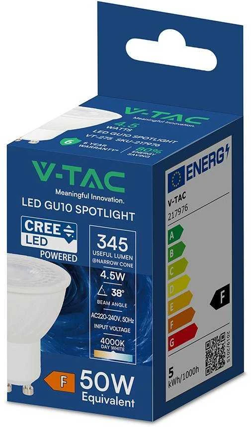 V-tac 4,5W LED lemputė, GU10, 38°, 4000K, CREE LED chip