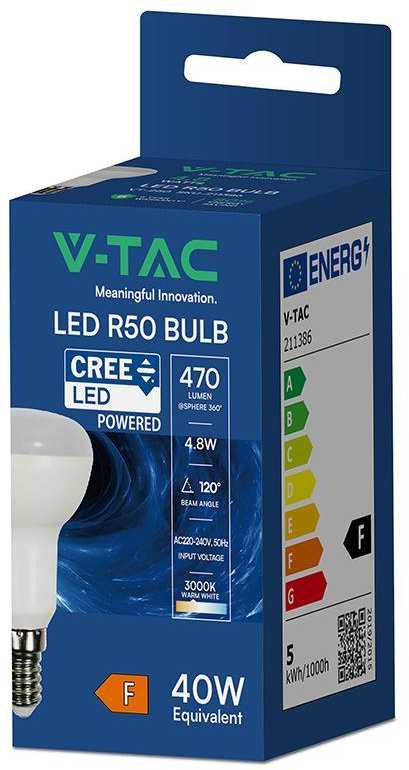 4,8W LED lemputė E14, R50, 3000K, 120°, CREE LED chip