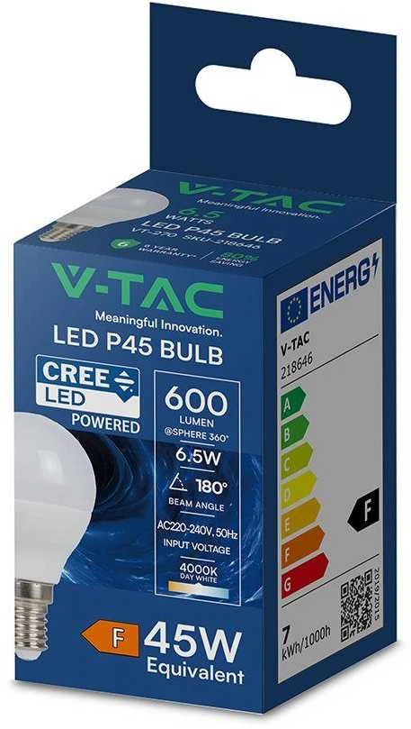 V-tac 6,5W LED lemputė, E14, P45, 4000K, 180°, CREE LED chip