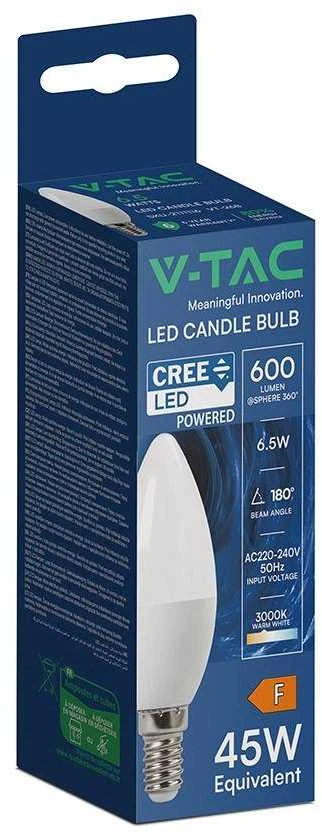 V-tac 6,5W LED lemputė, E14, žvakės formos, 3000K, 180°, CREE LED chip