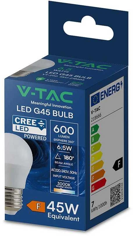 V-tac 6,5W LED lemputė, E27, G45, 3000K, 180°, CREE LED chip