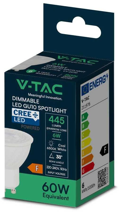 V-tac 6W LED lemputė, GU10, 3000K, 110°, CREE LED chip, dimeriuojama