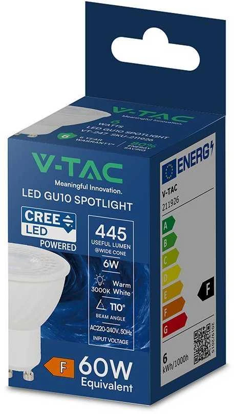 6W LED lemputė, GU10, 110°, 3000K, CREE LED chip