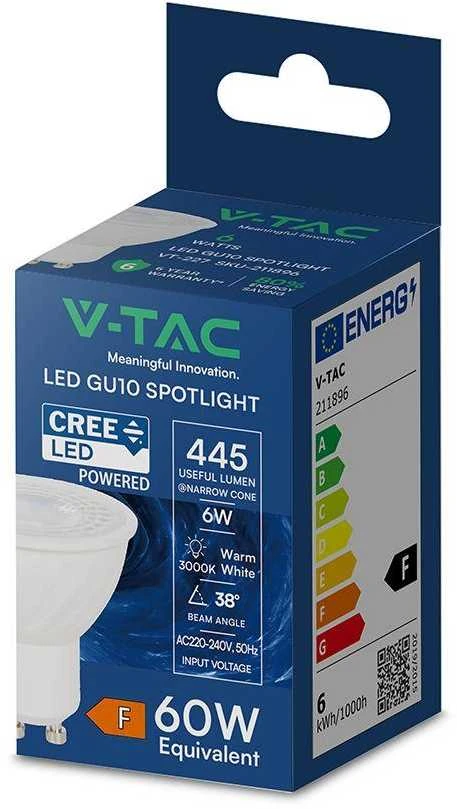 6W LED lemputė, GU10, 38°, 3000K, CREE LED chip