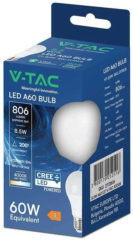 V-tac 8,5W LED lemputė, E27, A60, 4000K, 200°, CREE LED chip