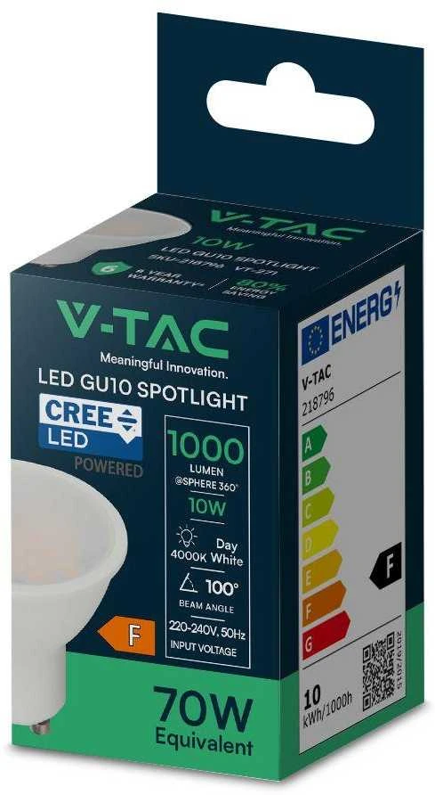 V-tac 10W LED lemputė, GU10, 4000K, 100°, CREE LED chip