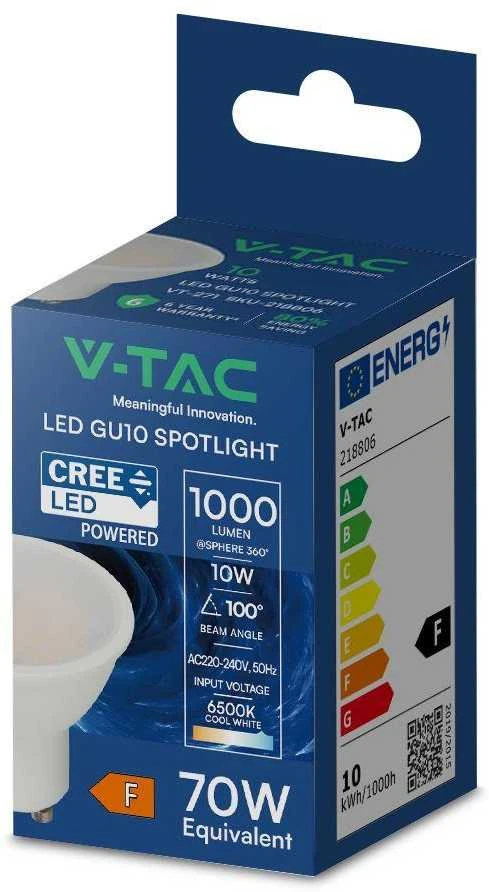V-tac 10W LED lemputė, GU10, 100°, 3000K, CREE LED chip