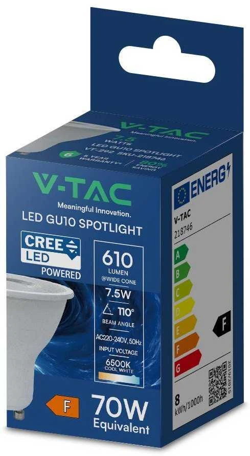 V-tac 7,5W LED lemputė, GU10, 110°, 6500K, CREE LED chip
