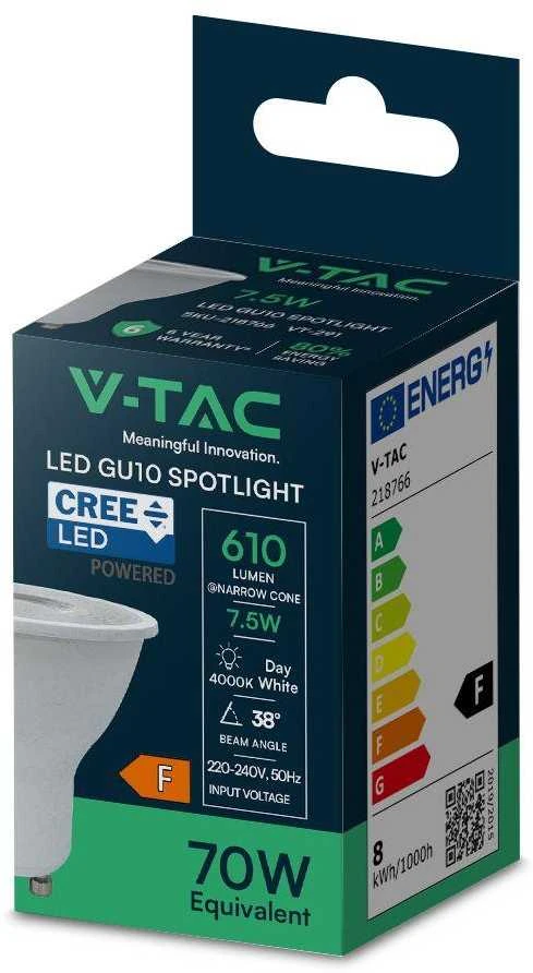 V-tac 7,5W LED lemputė, GU10, 4000K, 38°, CREE LED chip