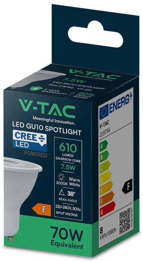 V-tac 7,5W LED lemputė, GU10, 3000K, 38°, CREE LED chip