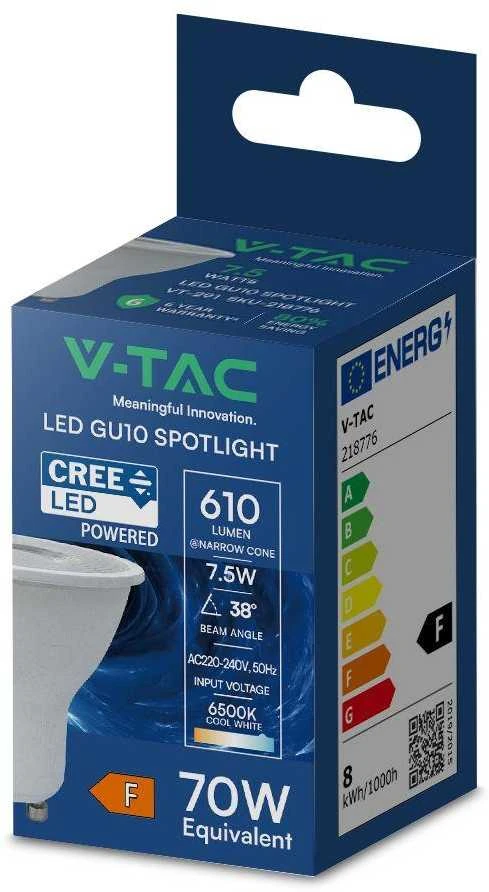 V-tac 7,5W LED lemputė, GU10, 38°, 6500K, CREE LED chip