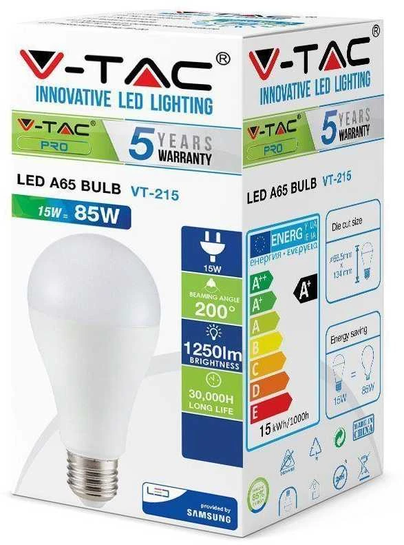 15W LED lemputė V-TAC, A65, E27, termoplastinė, (3000K) šiltai balta. SAMSUNG LED chip