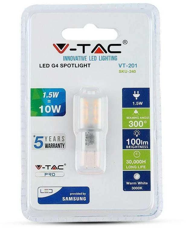 1.5W LED lemputė V-TAC, 12V, G4, 3000K (šiltai balta), SAMSUNG LED chip