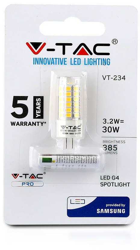 3,2W LED lemputė V-TAC, 12V, G4, 6400K (šaltai balta), SAMSUNG LED chip