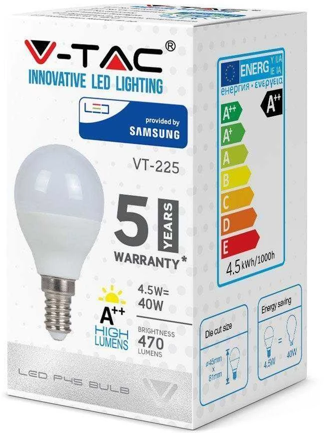 4.5W LED lemputė, P45, E14, termoplastikas, 4000K, SAMSUNG LED chip