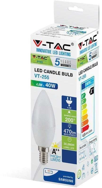 4.5W LED lemputė, žvakės formos, E14, termoplastikas, 4000K, SAMSUNG LED chip
