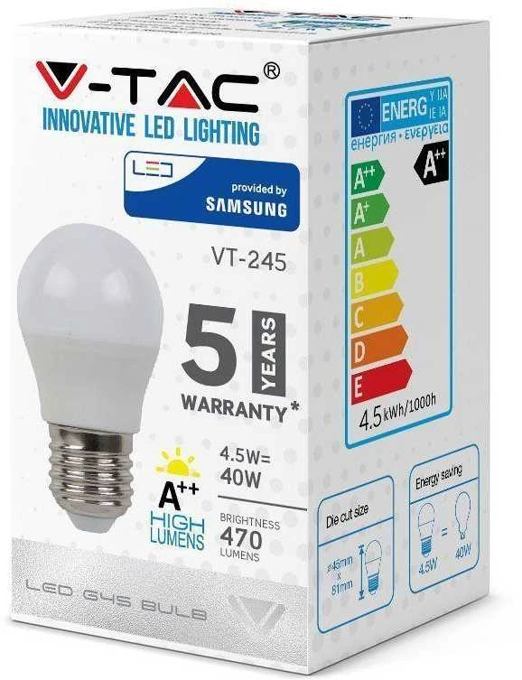 4.5W LED lemputė V-TAC, G45, E27, termoplastikas, A++, 4000K (natūraliai balta), SAMSUNG LED chip