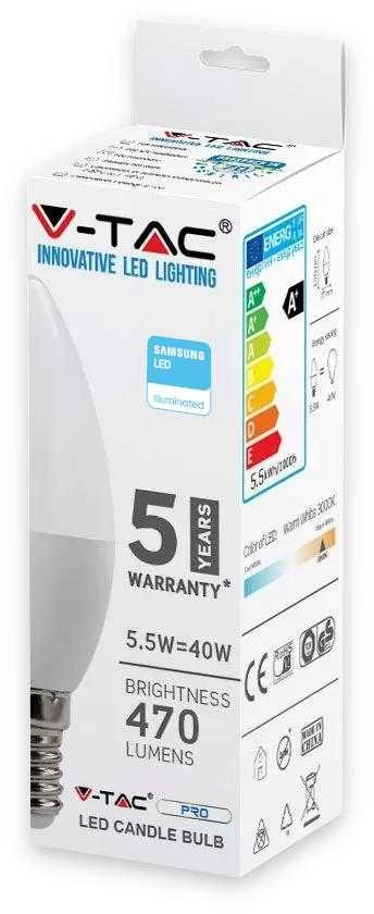 5.5W LED lemputė V-TAC, žvakės formos, E14, termoplastikas, 4000K (natūraliai balta), SAMSUNG LED chip
