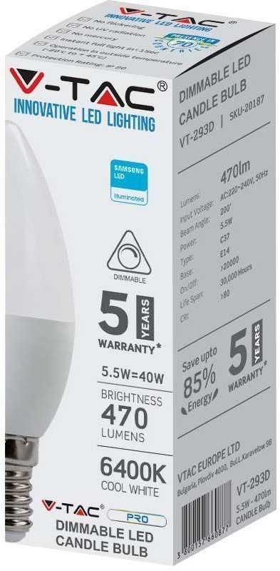 Samsung 5,5W LED lemputė V-TAC, 6400K, E14, dimeriuojama