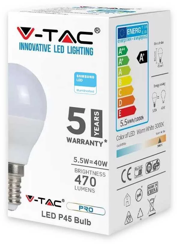 5.5W LED lemputė V-TAC, P45, E14, termoplastikas, 3000K (šiltai balta), SAMSUNG LED chip