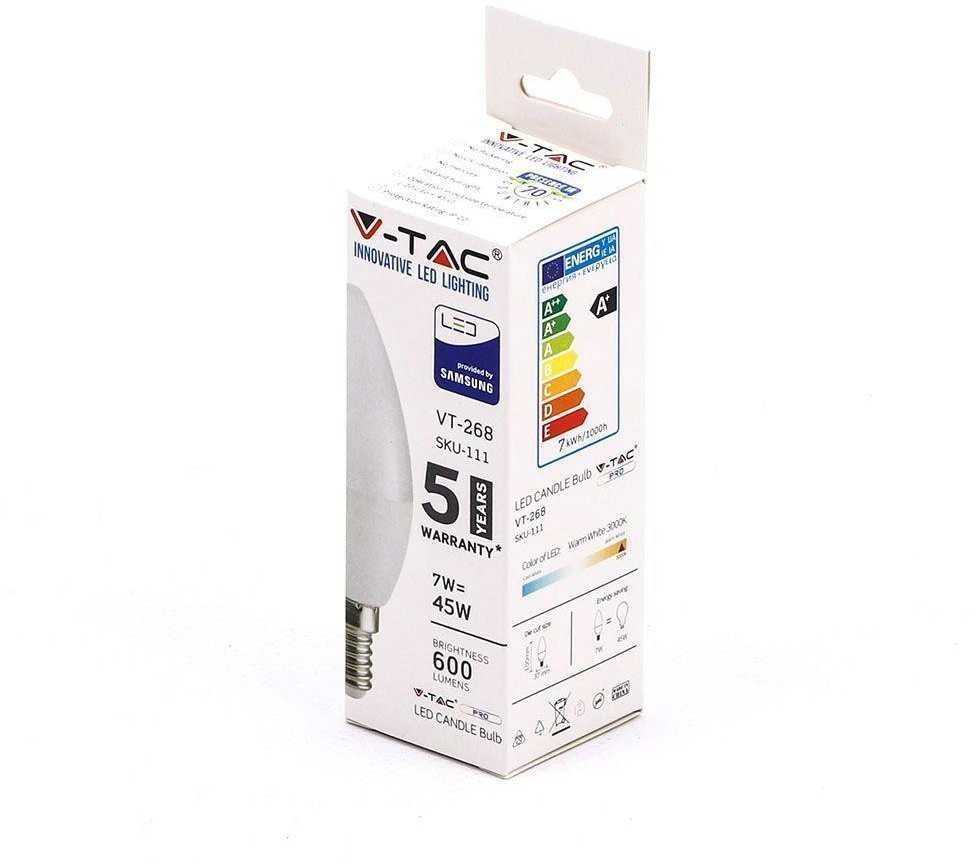 7W LED lemputė V-TAC, E14, žvakės formos, 3000K (šiltai balta), SAMSUNG LED chip