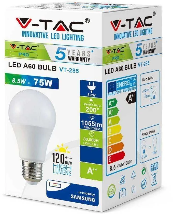 8.5W LED lemputė, A60, E27, termoplastikas, 6400K, SAMSUNG LED chip