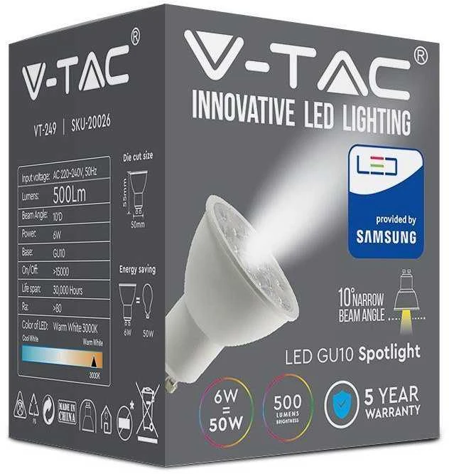 6W LED lemputė V-TAC, GU10, 6400K (šaltai balta), SAMSUNG LED chip