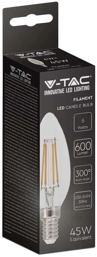 V-tac 6W LED filamentinė lemputė, žvakės formos, E14, skaidriu stiklu, 6500K