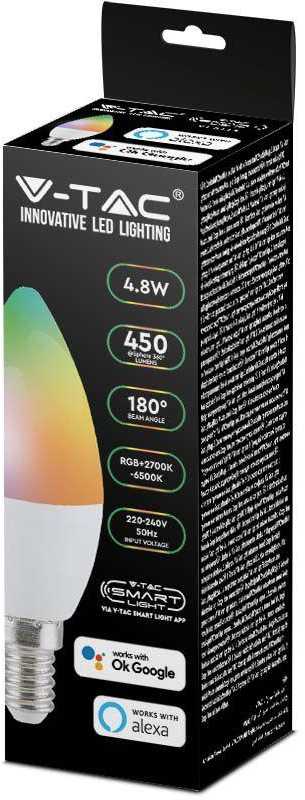 V-tac 4,8W LED lemputė, E14, suderinama su AMAZON ALEXA ir GOOGLE HOME, 2700-6500K/RGB