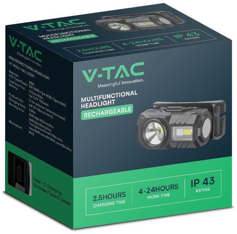 V-tac 3W LED įkraunamas žibintuvėlis, juodas, IP43, tvirtinamas ant galvos