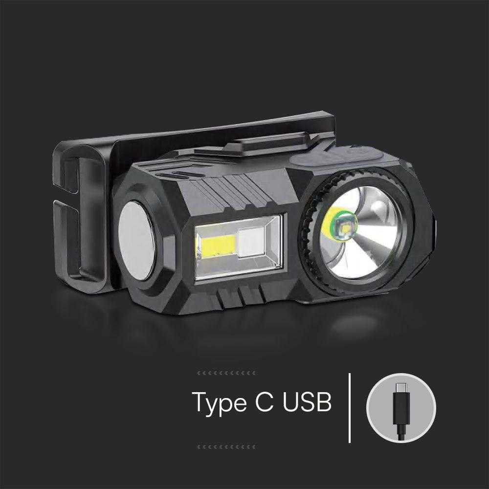 V-tac 3W LED įkraunamas žibintuvėlis, juodas, IP43, tvirtinamas ant galvos