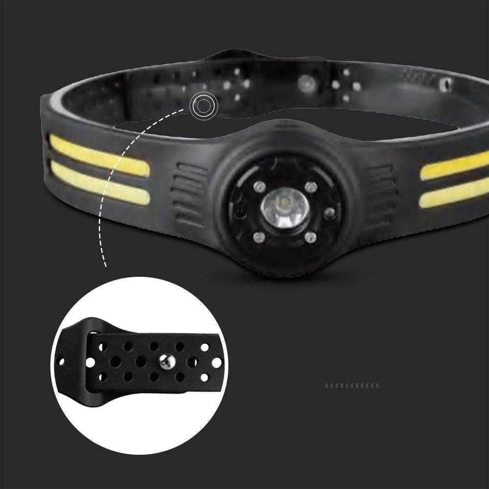V-tac 3+5W LED įkraunamas žibintuvėlis, juodas, IP43, tvirtinamas ant galvos