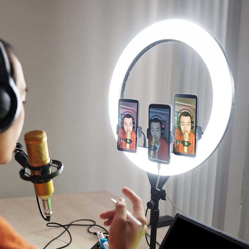 V-tac 55W LED šviečiantis žiedas, juodas, 3200K-5800K, su 3 telefonų laikikliais ir nuotolinio valdymo funkcija