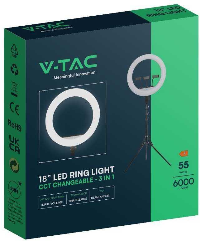 V-tac 55W LED šviečiantis žiedas, juodas, 3200K-5800K, su 3 telefonų laikikliais ir nuotolinio valdymo funkcija