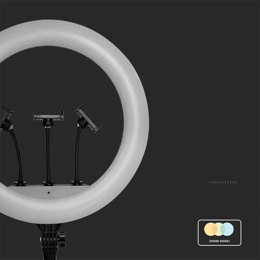 V-tac 55W LED šviečiantis žiedas, juodas, 3200K-5800K, su 3 telefonų laikikliais ir nuotolinio valdymo funkcija