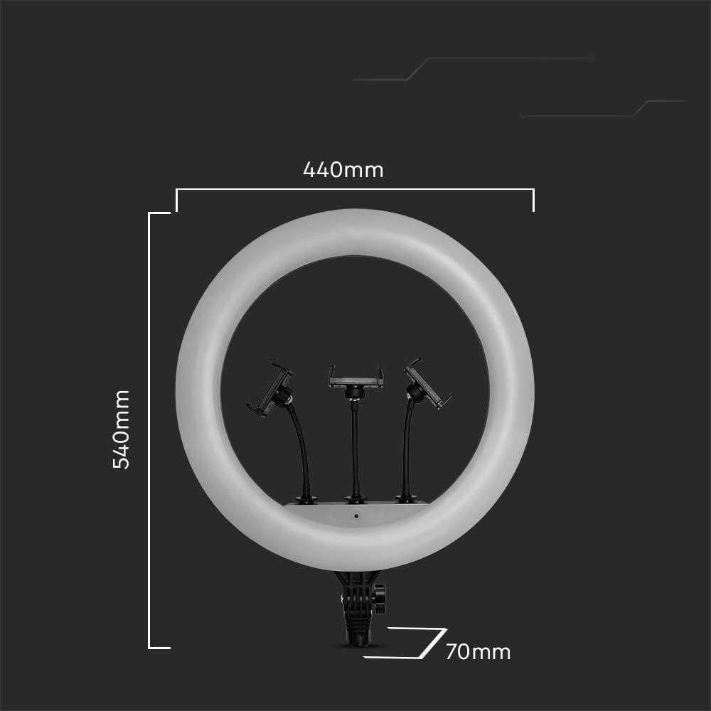 V-tac 55W LED šviečiantis žiedas, juodas, 3200K-5800K, su 3 telefonų laikikliais ir nuotolinio valdymo funkcija