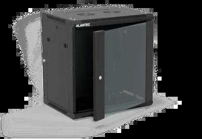 Pakabinama lentyna 19" 12U 600x450, (dvigubos sekcijos variantas) vienos varčios stiklinės durys, nuimamas pilnas galinis dangtis, nuimami pilnai šoniniai dangčiai, rakinamas, 4 sijos, spalva juoda, ALANTEC