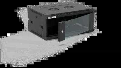 19" 4U 600x450 sieninė spintelė, vienos lapo stiklinės durys, visiškai nuimama galinė sienelė, visiškai nuimamos rakinamos šoninės sienelės, 4 sijos, juoda, savarankiškam surinkimui - plokščia pakuotė, ALANTEC