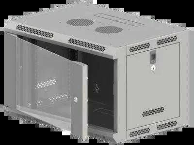 19" 9U 600x600 pakabinama spintelė, nedaloma, vienos sparnos stiklinės durys, pilnas galinis dangtis, perforuoti judantys šoniniai dangčiai, pilka, 4 ALANTEC sijos