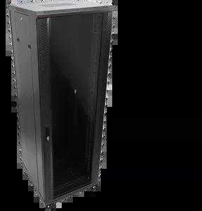 27U serverio spinta 600x1000, stiklinės priekinės durys, perforuotos plieninės galinės durys, spyna, 4 laikančiosios sijos, 4 reguliuojamos kojelės, savarankiškam surinkimui, juodas Q-LANTEC