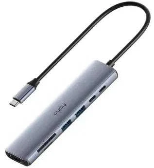 „Cudy UH407 PortMate USB-C 7-in-1“ šakotuvai, 4K 60Hz HDMI USB-C PD USB-A SD TF aliuminio pilka