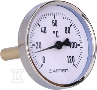 Afriso bimetalinis termometras BiTh 80 fi80mm 0-120 laipsnių C rankovė 63 mm 1/2 '' kirvio klasė 2,0 63 807