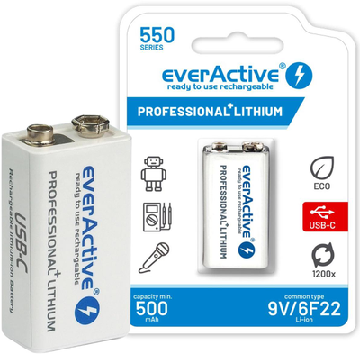 everActive Lithium USB-C įkraunamas 9V 550mAh akumuliatorius