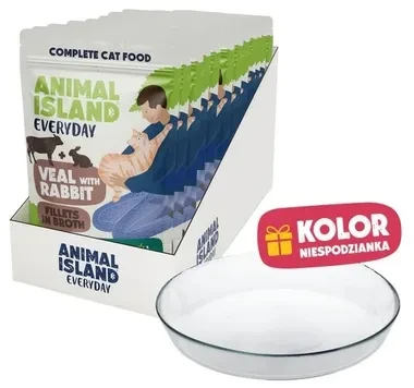 ANIMAL ISLAND Everyday Veal and rabbit in broth Box – šlapias kačių maistas – 12x85g + lėkštutė dovanų