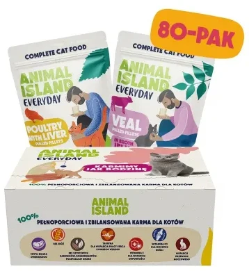 ANIMAL ISLAND Everyday Fillets paukštiena with liver and Veal Box – šlapias kačių maistas – 80x85g
